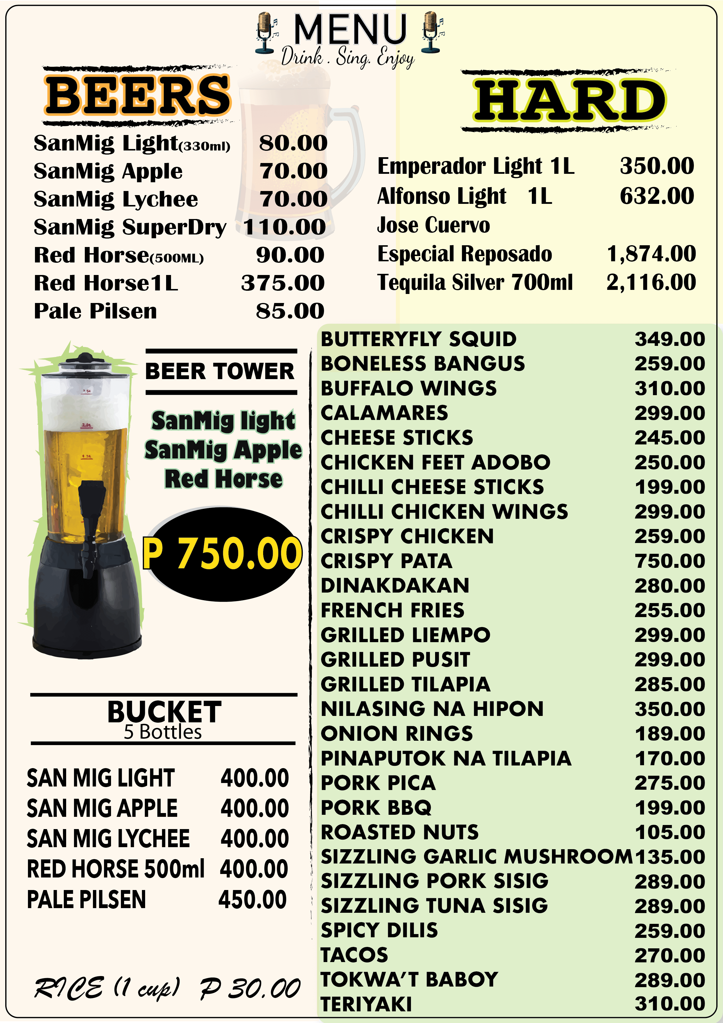 KTV Bar Menu - Drinks and Snacks