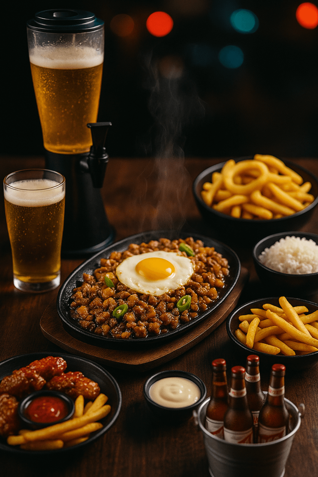 Food and drinks like sisig, beer, fries, and more